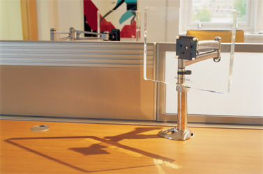 Upholstered and acrylic screen with computer arm